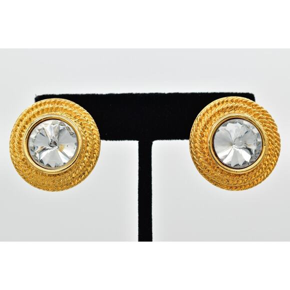 Givenchy Vintage Crystal Clip On Earrings Chunky Gold Round Signed 1980s BinAG - Picture 1 of 12